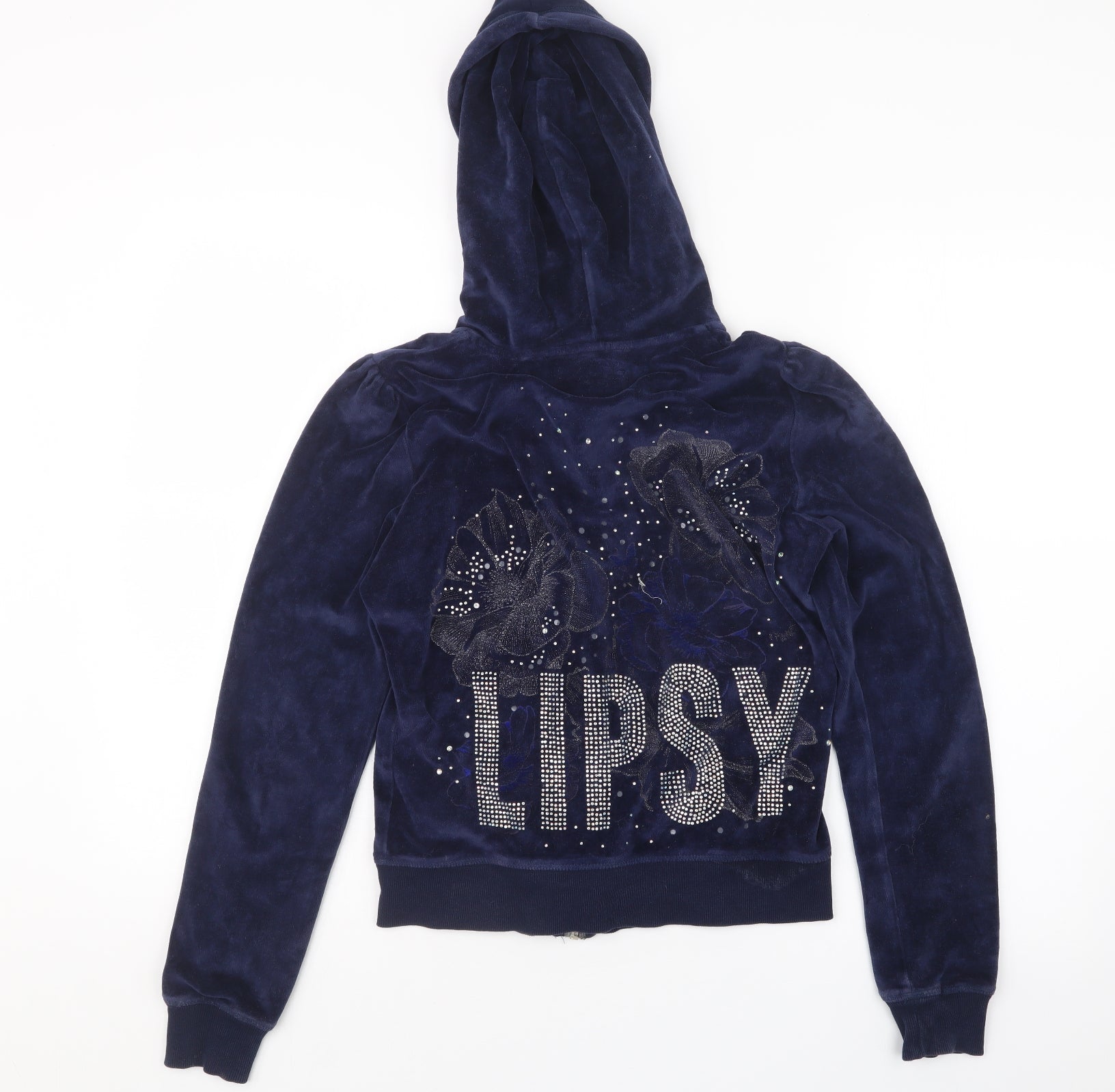 Lipsy Womens Blue Velvet Full Zip Hoodie Size 10 Preworn Ltd