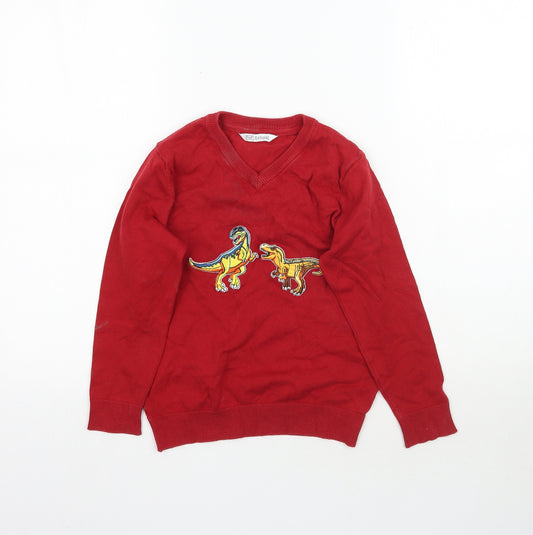 F&F Boys Red  Knit Pullover Jumper Size 7-8 Years  - School Dinosaur