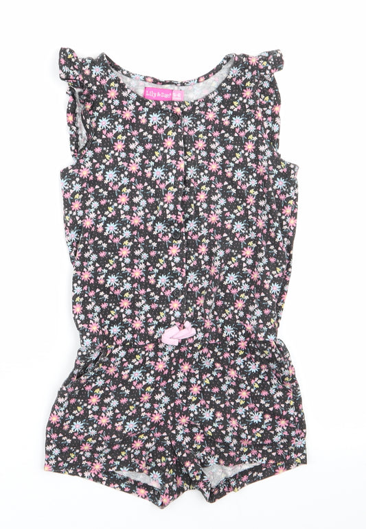 Lilly & Dan Girls Black Floral Cotton Shorts One-Piece Size 5-6 Years   - Pink Blue Yellow Flowers