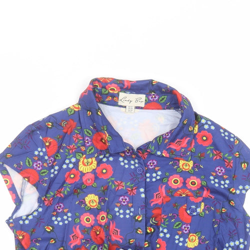 Lindy Bop Womens Blue Floral Polyester Basic T-Shirt Size 10 Collared