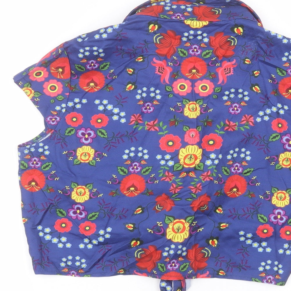 Lindy Bop Womens Blue Floral Polyester Basic T-Shirt Size 10 Collared