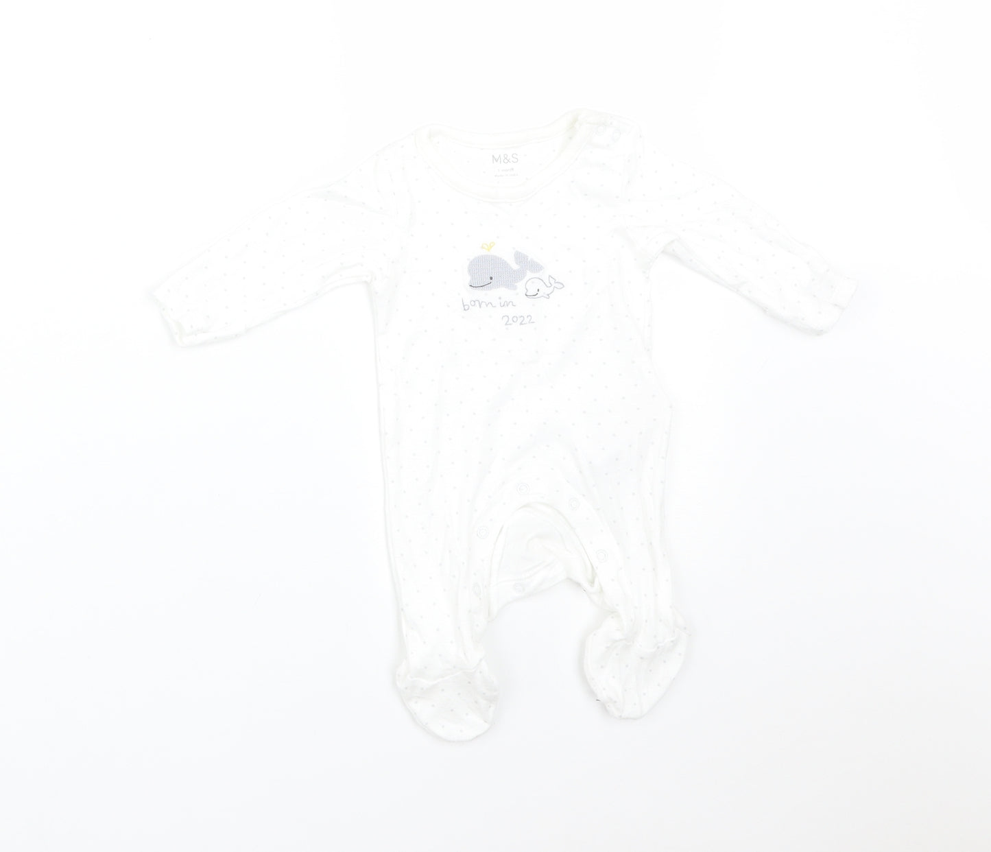 M&S Baby White Polka Dot Cotton Babygrow One-Piece Size Newborn   - BORN IN 2022