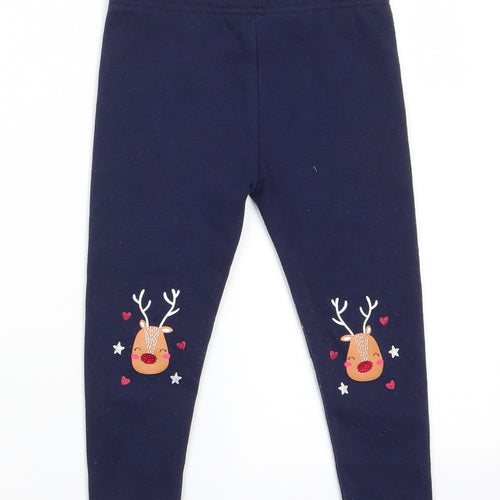Primark Girls Blue Animal Print Polyester Jegging Trousers Size 3-4 Years  Regular  - Reindeer Knees with hearts & stars