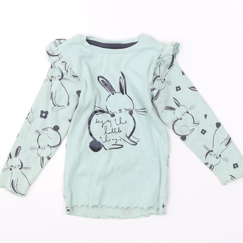 Nutmeg Girls Green  Cotton  Pyjama Top Size 2-3 Years   - rabbit