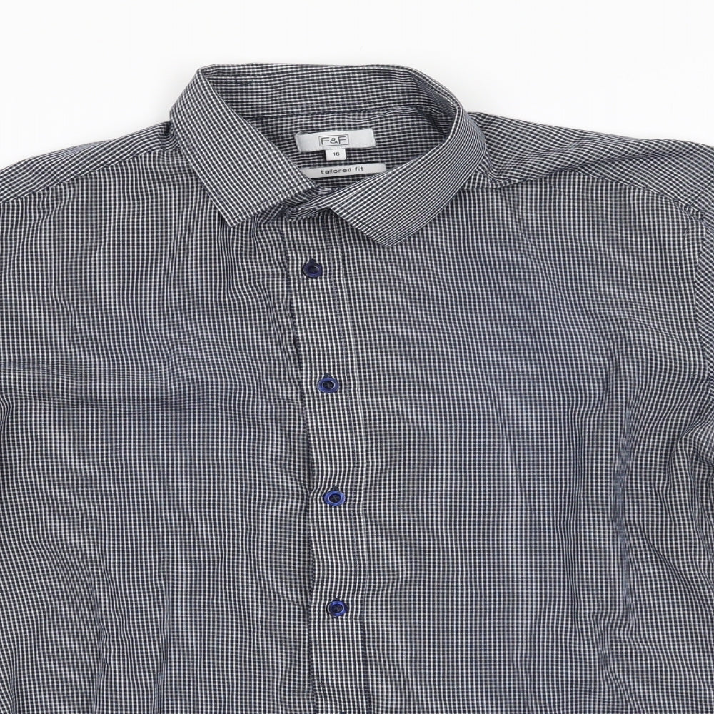 Florence and Fred Mens Blue Check Polyester  Dress Shirt Size 16 Collared  - Small blue & white check Tailored Fit