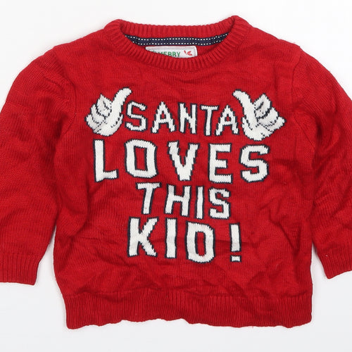 Primark Boys Red Round Neck  Acrylic Pullover Jumper Size 3-4 Years  Pullover - Santa Loves This Kid