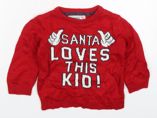 Primark Boys Red Round Neck  Acrylic Pullover Jumper Size 3-4 Years  Pullover - Santa Loves This Kid
