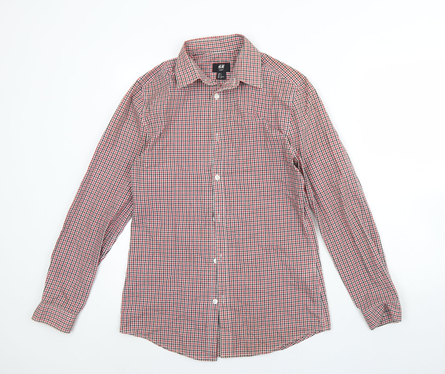 H&M Mens Red Plaid Cotton  Dress Shirt Size S Collared Button