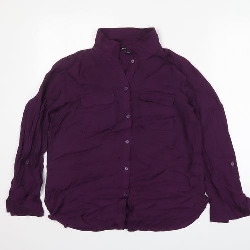 Roz & Ali Womens Purple  Nylon Basic Button-Up Size L Collared