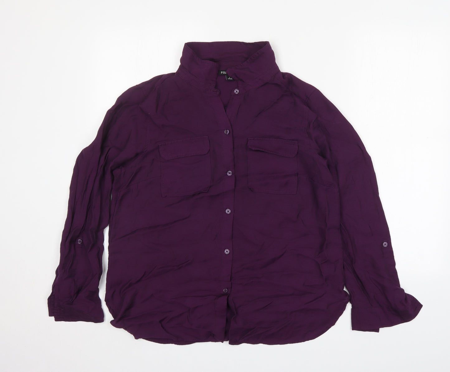 Roz & Ali Womens Purple  Nylon Basic Button-Up Size L Collared