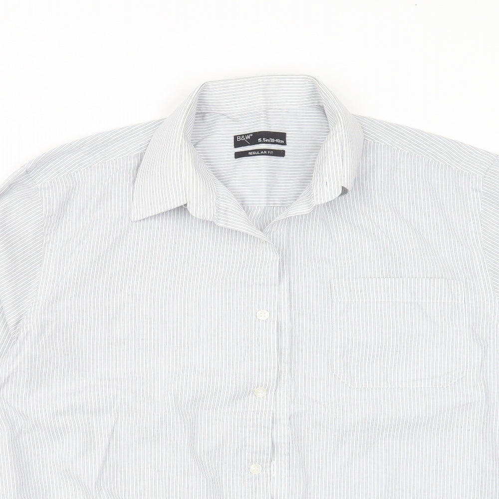 B&W Mens White Striped Polyester  Button-Up Size 15.5 Collared Button