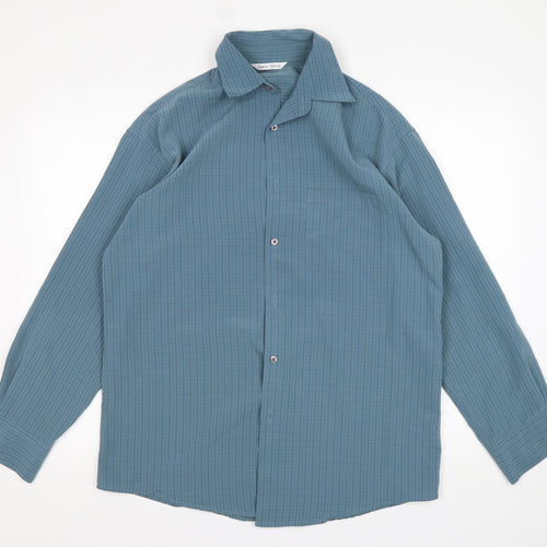 Simon Taylor Mens Green Check Polyester  Dress Shirt Size M Collared