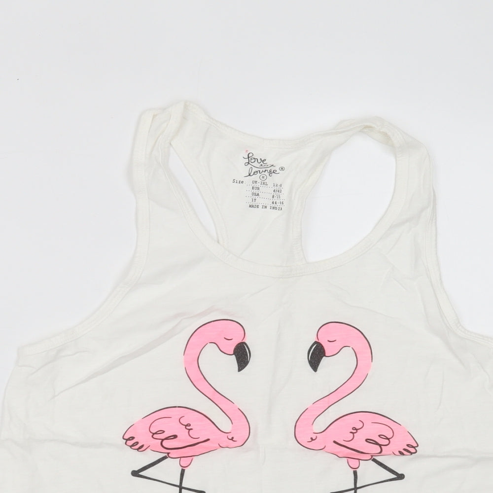 Primark Womens White Solid Cotton Top Pyjama Top Size M   - flamingos