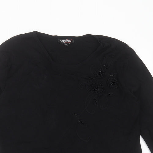 Angelina Womens Black Round Neck Floral Viscose Pullover Jumper Size S   - floral detail