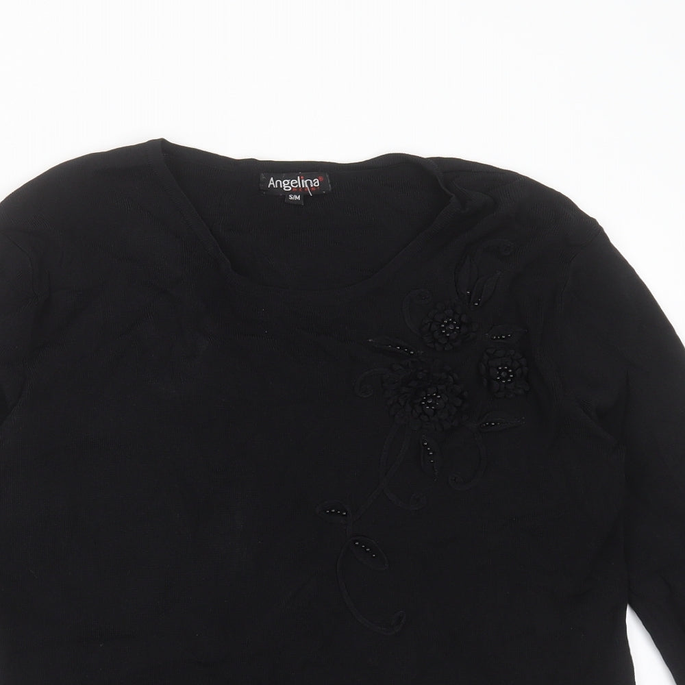 Angelina Womens Black Round Neck Floral Viscose Pullover Jumper Size S   - floral detail