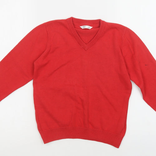M&S Boys Red V-Neck  Cotton Pullover Jumper Size 7-8 Years
