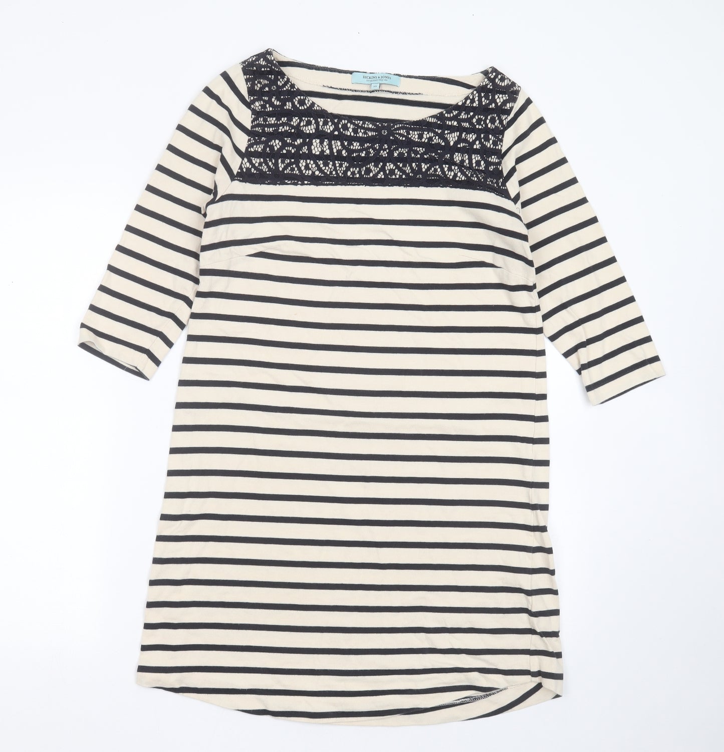Dickins & Jones Womens Beige Striped Cotton T-Shirt Dress  Size 10  Round Neck  - Lace detail