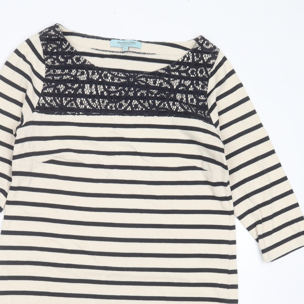 Dickins & Jones Womens Beige Striped Cotton T-Shirt Dress  Size 10  Round Neck  - Lace detail