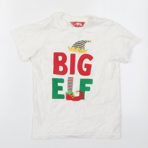 Made By Elves Boys White  Cotton Basic T-Shirt Size 9-10 Years Crew Neck Pullover - Big Elf
