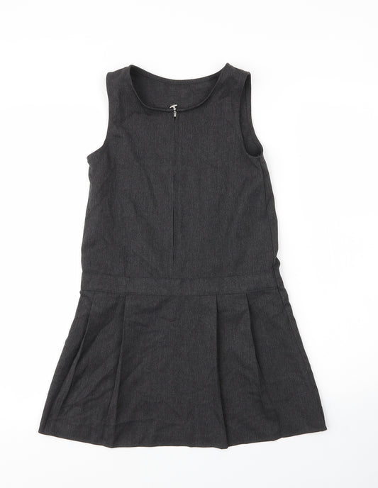 F&F Girls Grey  Viscose Pinafore/Dungaree Dress  Size 8 Years  Round Neck Zip