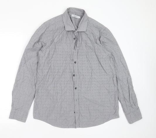 Marks and Spencer Mens Grey Check Cotton  Dress Shirt Size L Collared Button