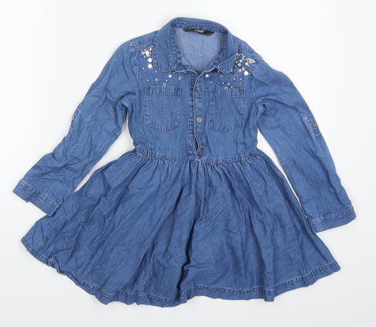 George Girls Blue  Cotton Skater Dress  Size 4-5 Years  Collared Button