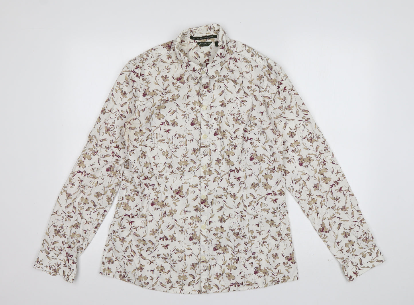 Eddie Bauer Mens Ivory Floral Cotton  Button-Up Size M Collared Button