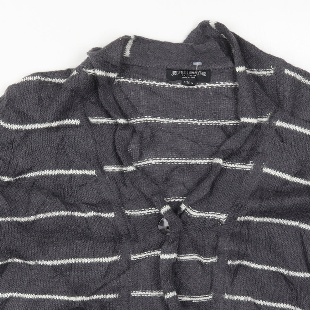 Just Jeans Womens Grey V-Neck Striped Acrylic Cardigan Jumper Size L