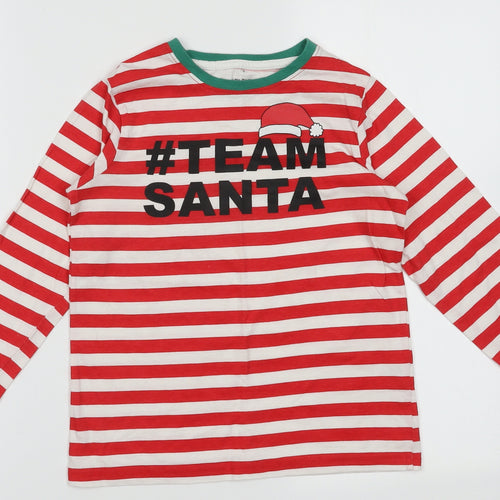 Made By Elves Boys Red Striped Cotton Basic Casual Size 7-8 Years Crew Neck Pullover - Team Santa