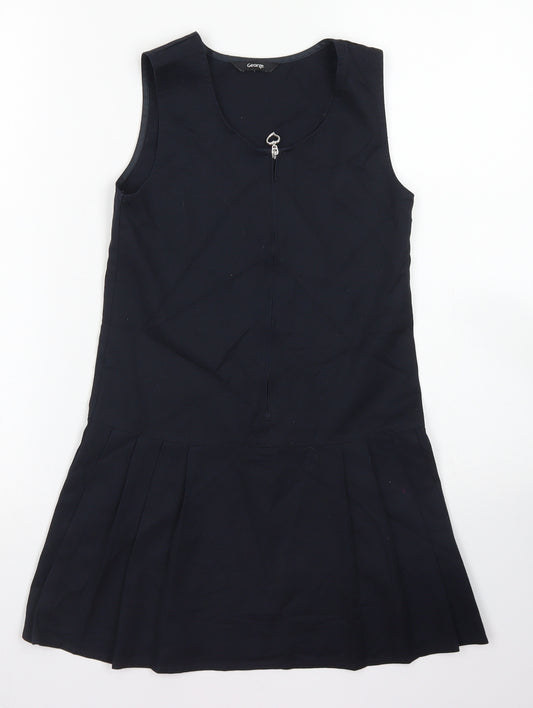 George Girls Blue  Polyester Pinafore/Dungaree Dress  Size 7-8 Years  Round Neck Zip