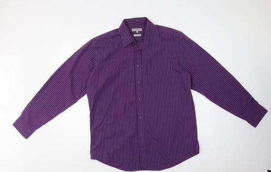 Matalan Mens Purple Striped Polyester  Dress Shirt Size 16 Collared Button