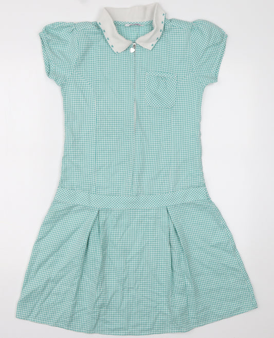 Marks and Spencer Girls Green Check Cotton A-Line  Size 12 Years  Collared Zip - School wear