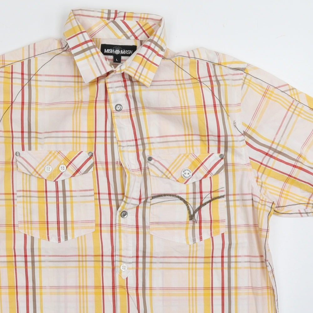Mish Mash Mens Yellow Check Cotton  Button-Up Size L Collared Button