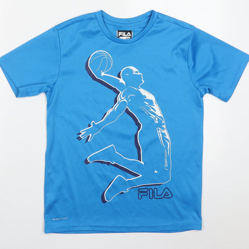 FILA Boys Blue Spotted Polyester Basic T-Shirt Size 12 Years Crew Neck Pullover - Footballer