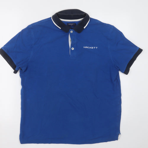 Hackett Mens Blue  Cotton Basic Polo Size M Collared Button
