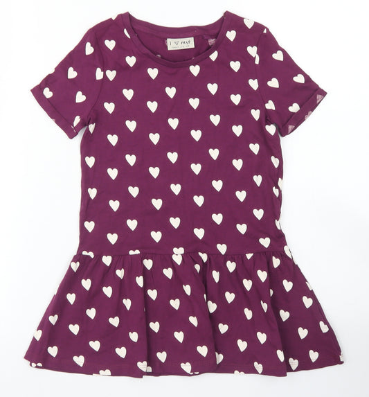 NEXT Girls Purple Spotted Cotton T-Shirt Dress  Size 5 Years  Crew Neck  - Heart Pritn