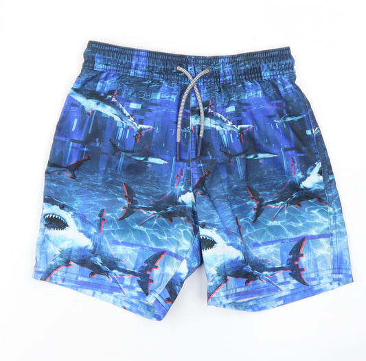 M&S Boys Blue  Polyester Bermuda Shorts Size 7-8 Years  Regular Drawstring - Shark Print, Board Shorts