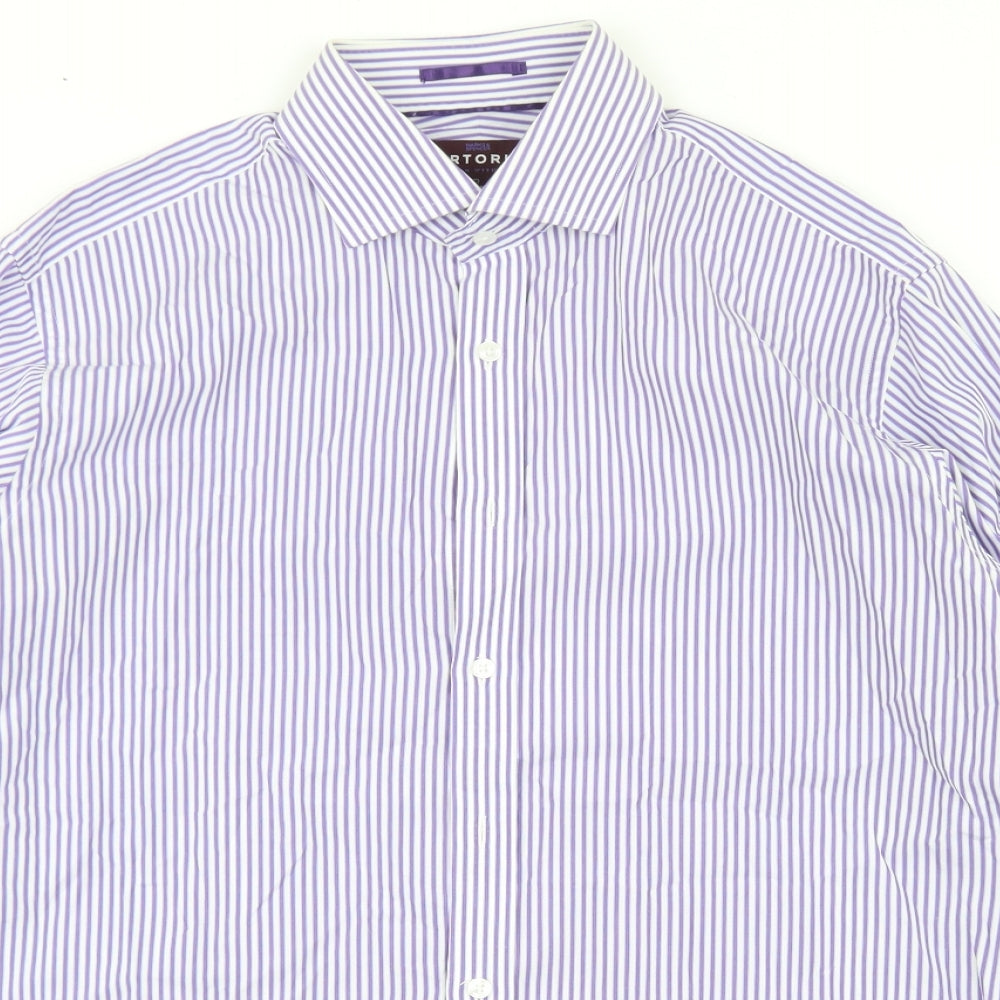 Marks and Spencer Mens Purple Striped Cotton  Dress Shirt Size 16 Collared Button