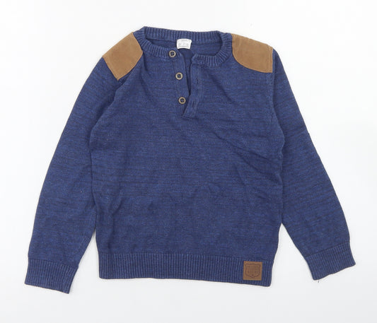F&F Boys Blue Henley  Cotton Pullover Jumper Size 5-6 Years