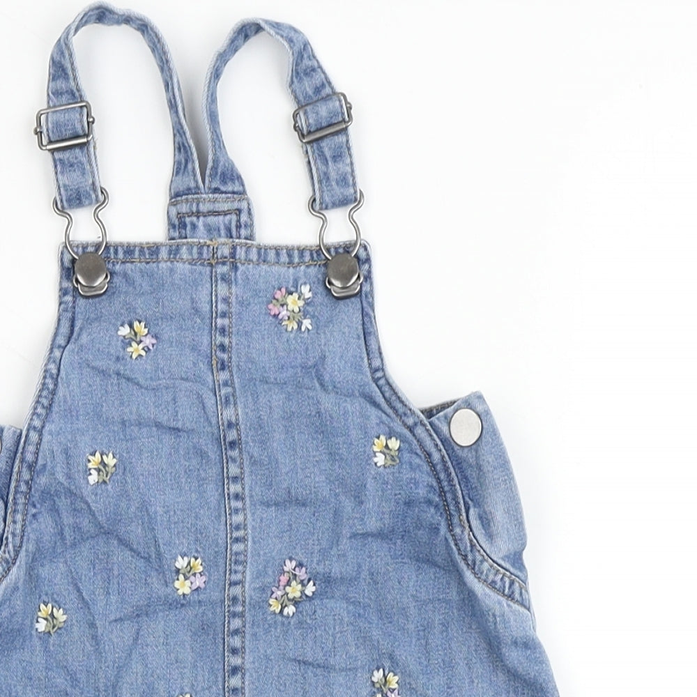 George` Girls Blue  100% Cotton Dungaree One-Piece Size 18-24 Months  Button - Flowers