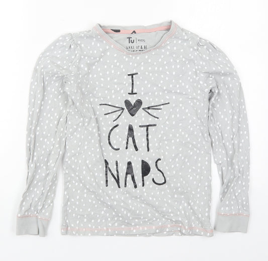 TU Girls Grey Polka Dot Cotton Top Pyjama Top Size 10-11 Years  Pullover - I Love Cat Naps