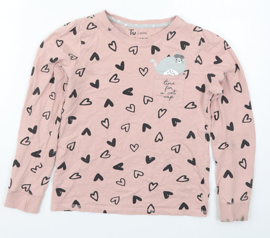 TU Girls Pink Geometric Cotton Top Pyjama Top Size 10-11 Years  Pullover - Time For a Cat Nap