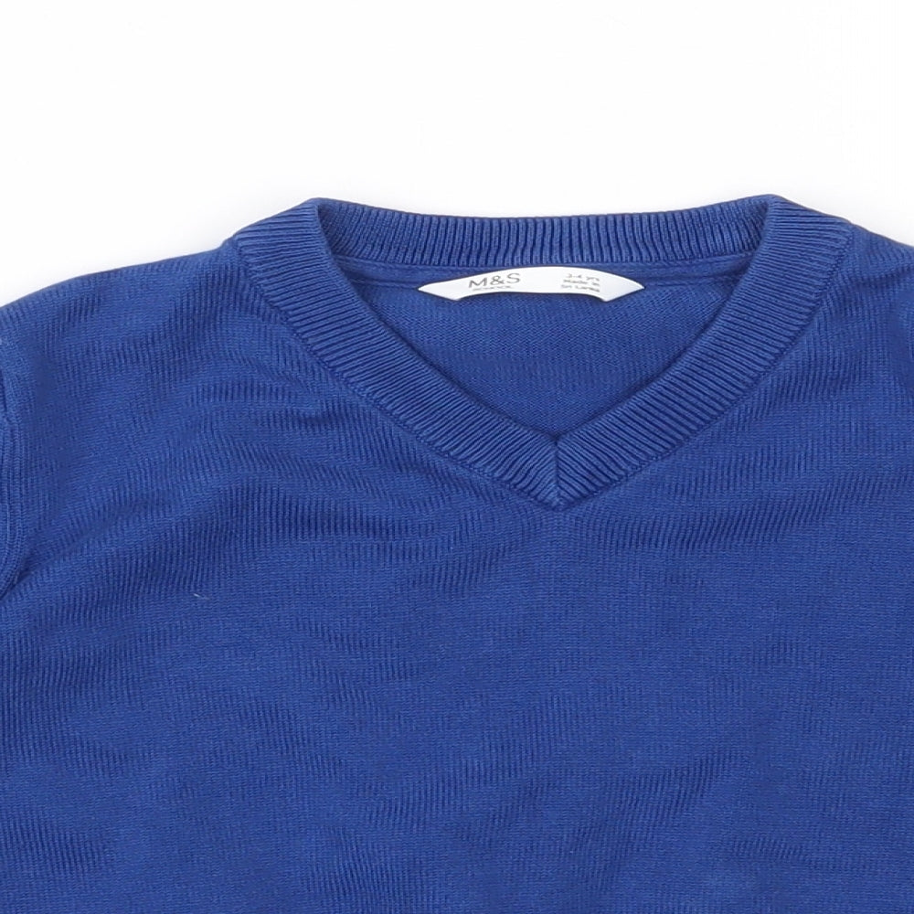 Marks and Spencer Boys Blue V-Neck  100% Cotton Pullover Jumper Size 3-4 Years  Pullover