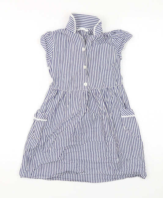 Marks and Spencer Girls Blue Striped Cotton A-Line  Size 6-7 Years  Collared
