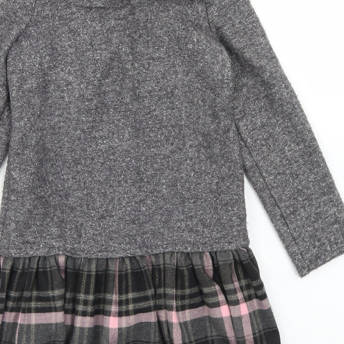 Monsoon Girls Grey Plaid Polyester Skater Dress  Size 6 Years  Crew Neck Button