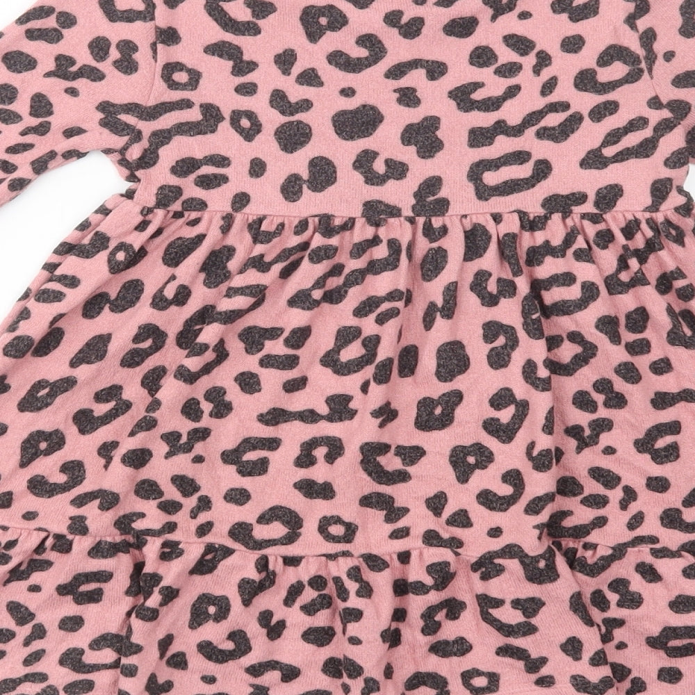 F&F Girls Pink Animal Print Viscose Skater Dress  Size 4-5 Years  Crew Neck Pullover