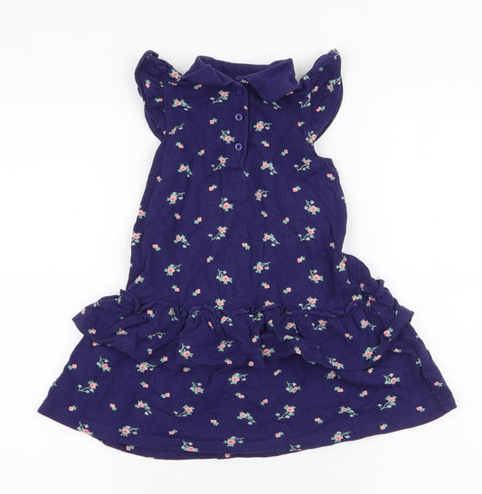 NEXT Girls Blue Floral 100% Cotton A-Line  Size 3-4 Years  Collared Button
