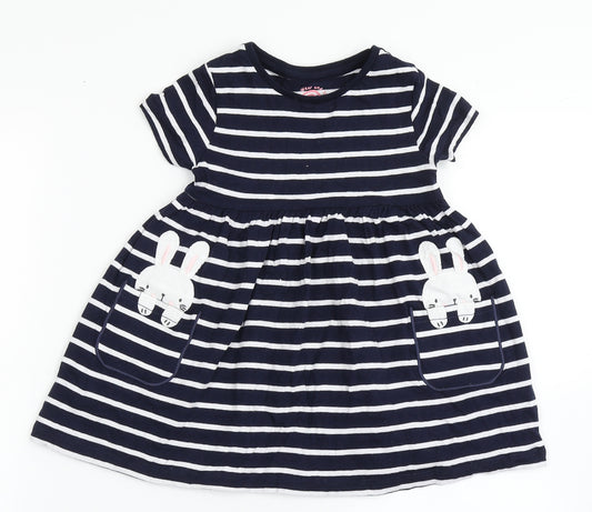 F&F Girls Blue Striped Cotton T-Shirt Dress  Size 2-3 Years  Round Neck Pullover - Bunny Rabbit