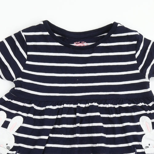 F&F Girls Blue Striped Cotton T-Shirt Dress  Size 2-3 Years  Round Neck Pullover - Bunny Rabbit