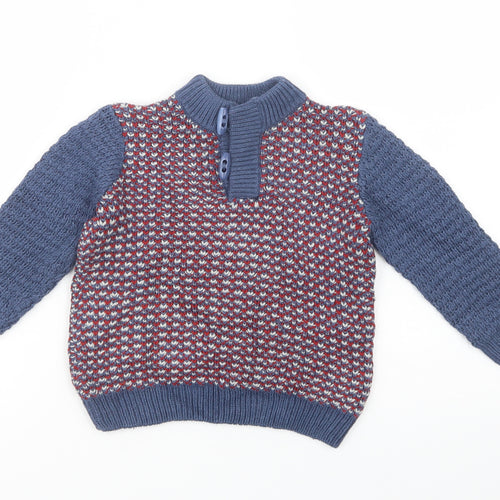 Matalan Boys Blue Mock Neck Geometric Cotton Pullover Jumper Size 2-3 Years  Button